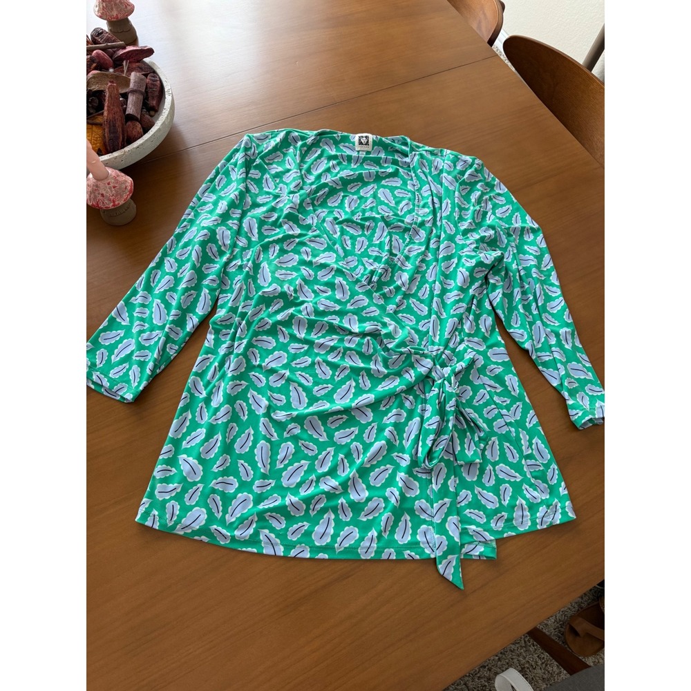 Anne‎ Klein Green Leaf Print Tie Front Knit Top Blouse XXL
